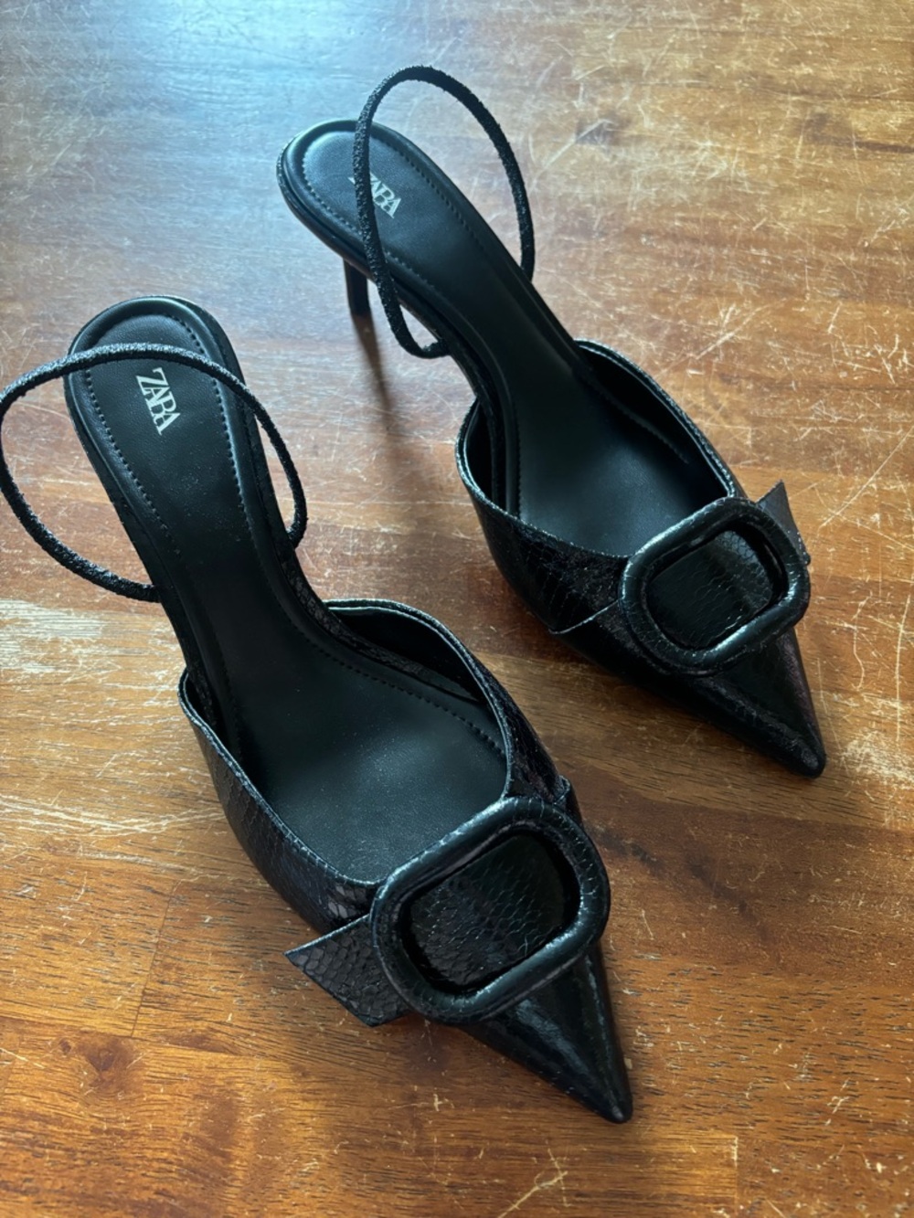 Zara Black Pointed Kitten Slingback Heels with Buckle Accent